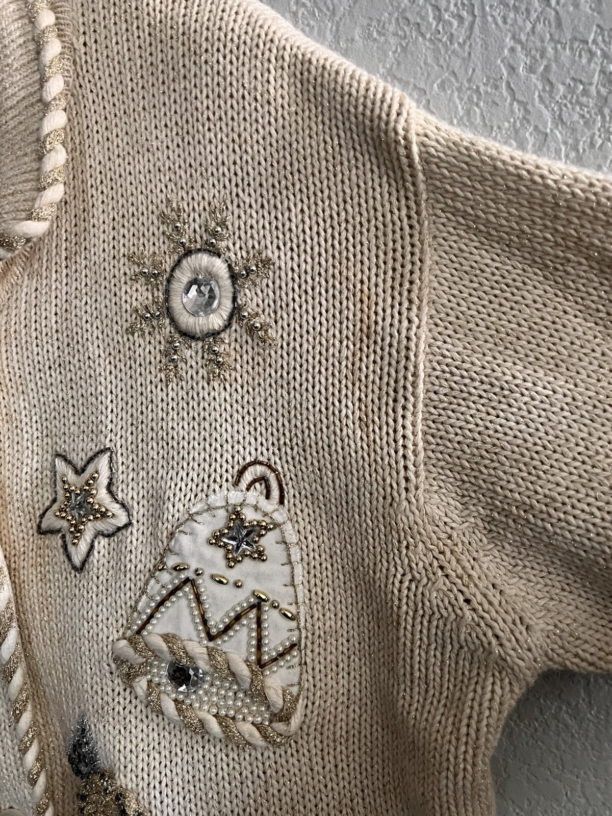Vintage IB Diffusion Cream Gold Embroidered Bead Sweater Holiday Cardigan – LG