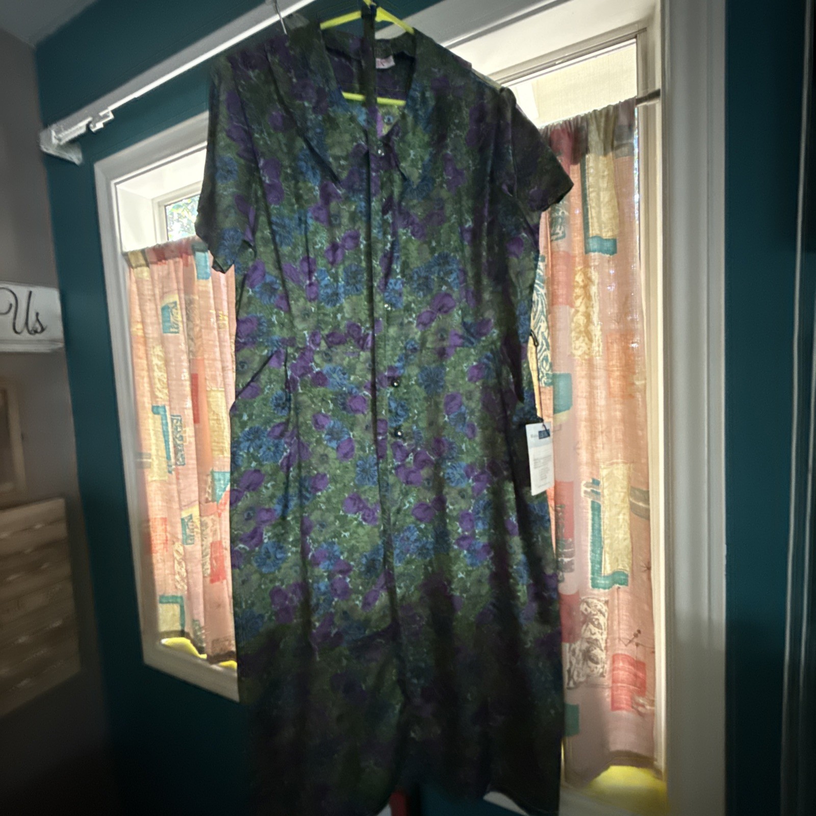 Vintage 1960’s NOS Deadstock Purple Blue and Green Floral Print Dress Large