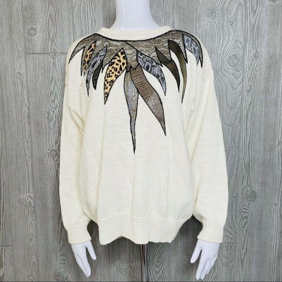 Vintage knit Hana lee sweater “ feather “ moira rose retro 80s shirt med