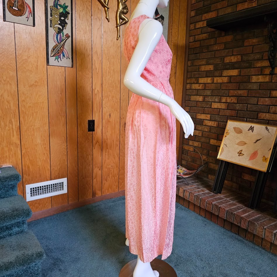 Vtg 60s Pink Brocade Empire Sleeveless Bridesmaid Formal Party Maxi Dress XS/S