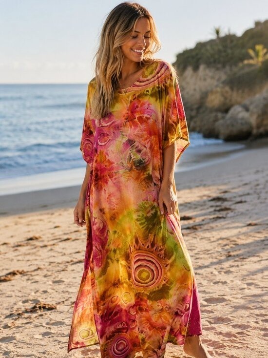 Vtg Colorful Abstract Hippie Boho Mrs Roper Caftan Kaftan Dress