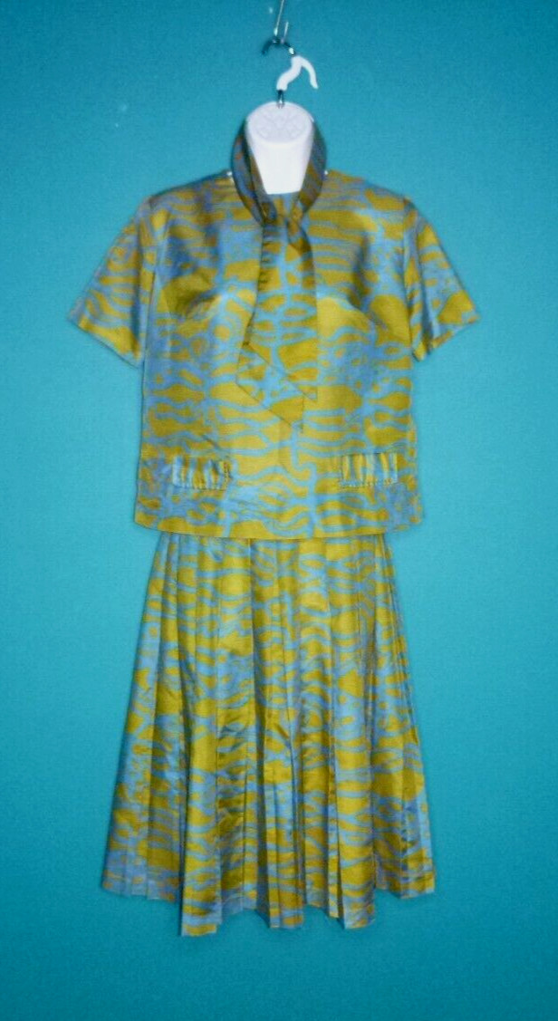 Vtg 60s Matching Skirt Button Back Top & Scarf Green & Turquoise Abstract Sz S/M