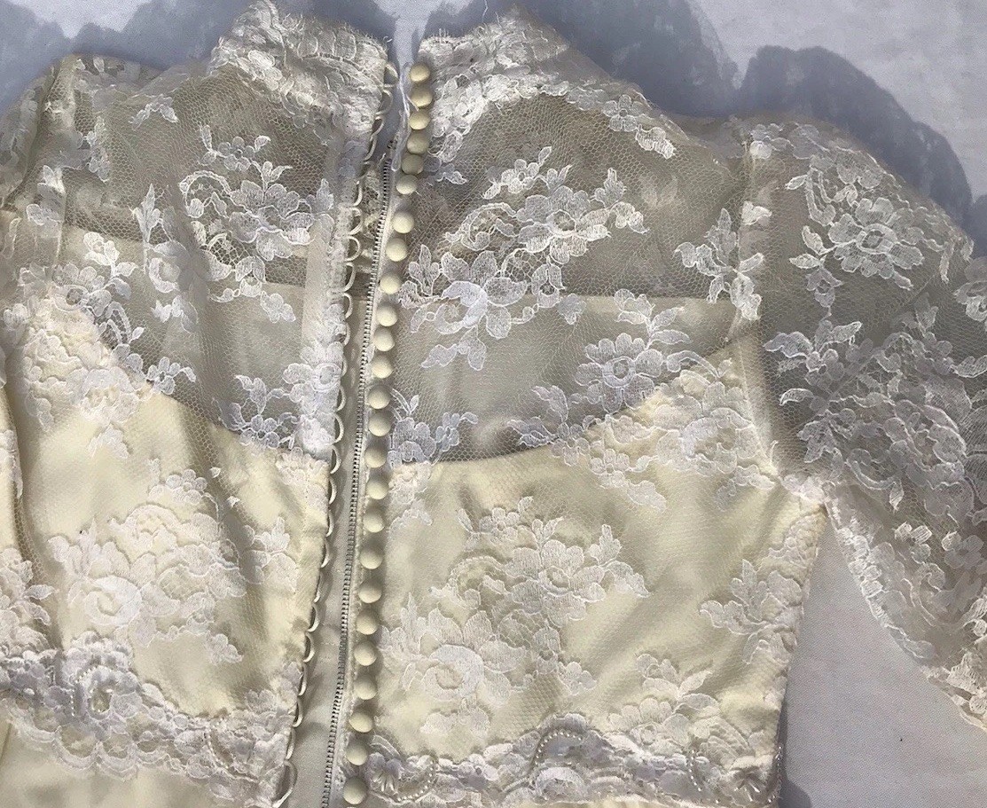 Vtg 60s 70s Lace Cream Wedding Gown Dress Edythe Vincent Alfred Angelo Boho S M