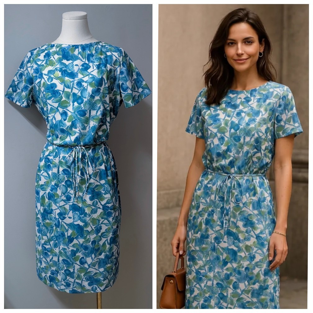 Vintage 60’s Floral Blue White Crepe Pencil Dress Belt Metal Zip S