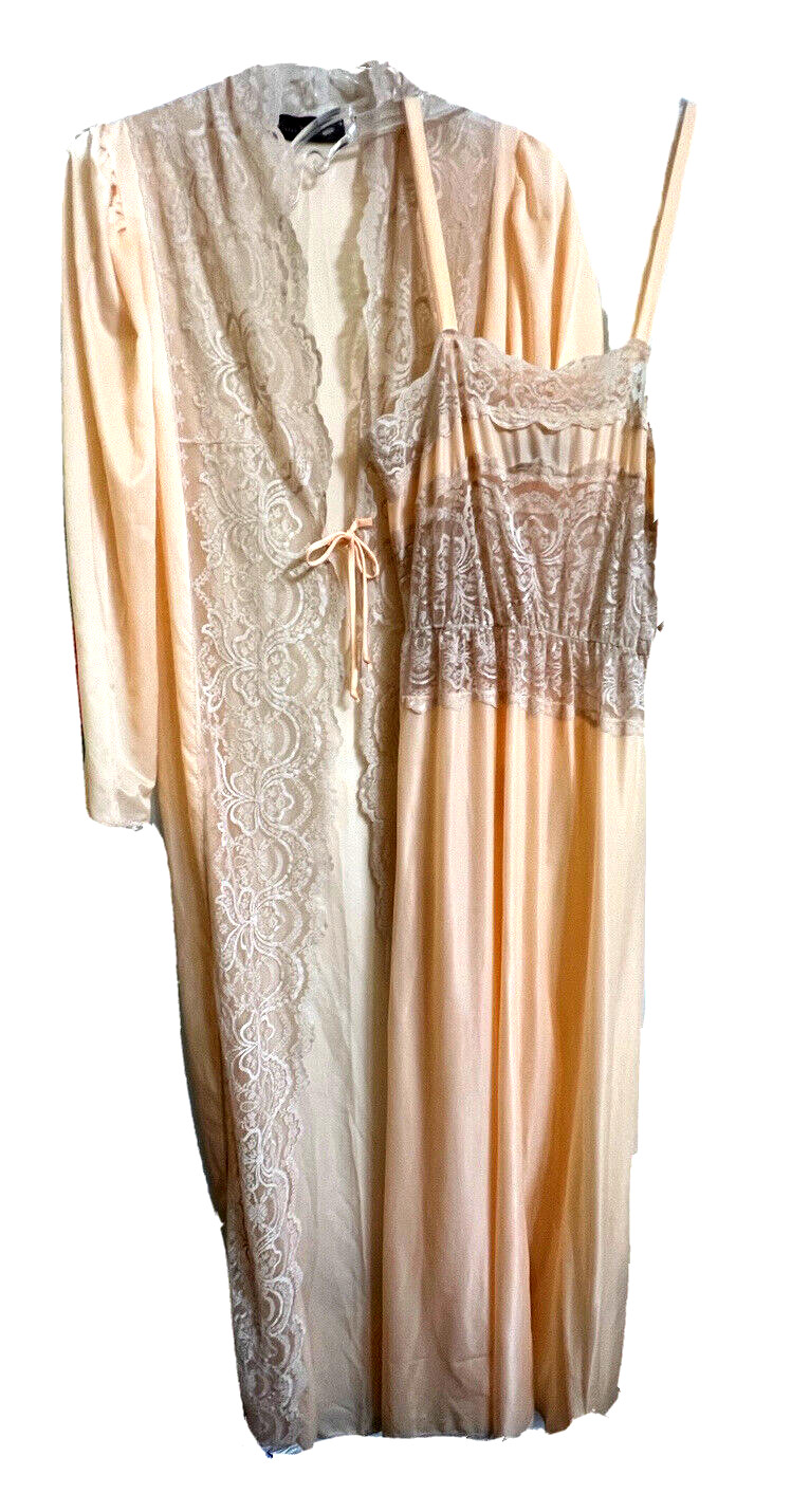 Sheer Madness Peach Satin Lacy Long Nightgown Matching Robe Set P / Petite VTG