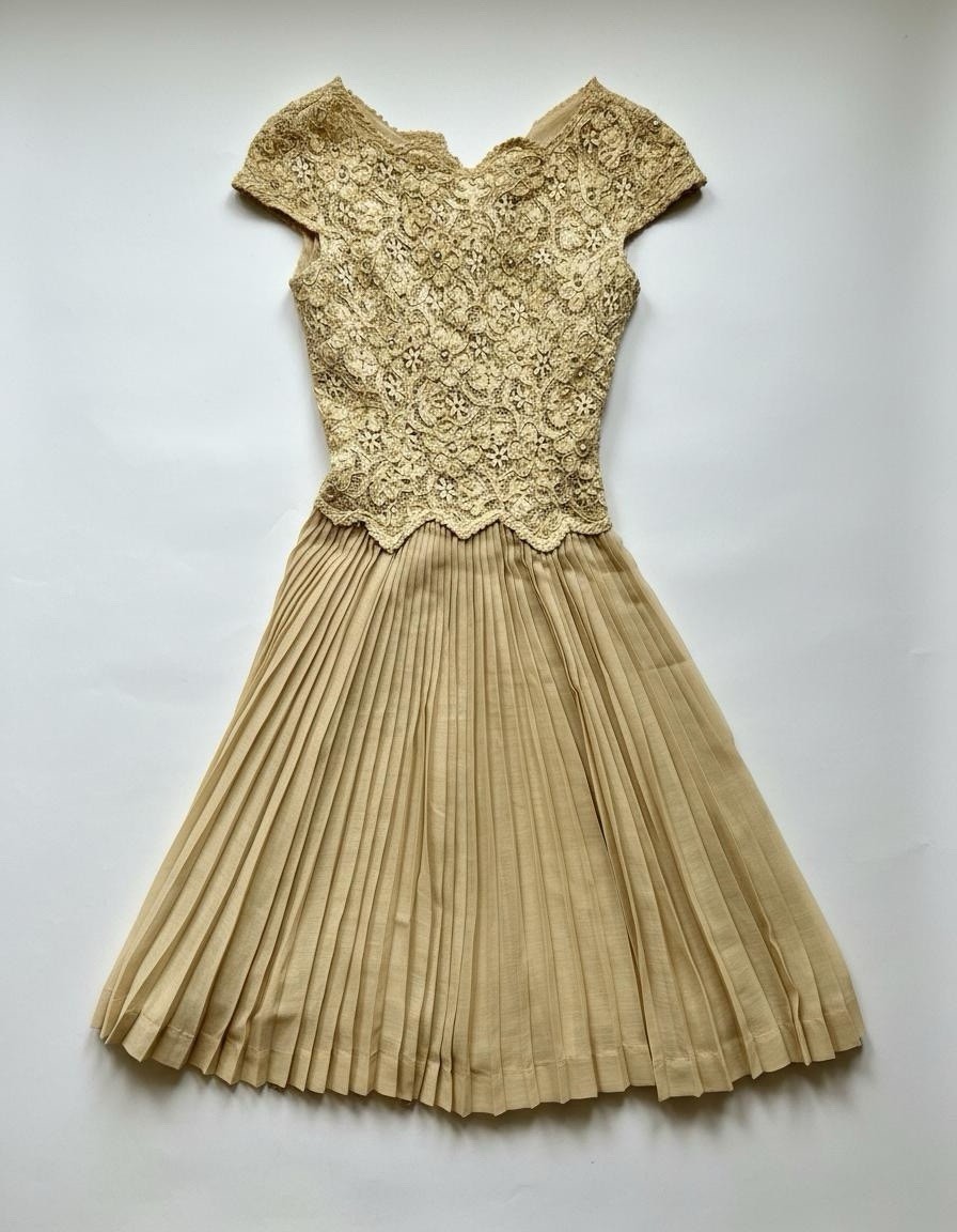Carlye Beige Lace Pleated Dress Vintage 1950s