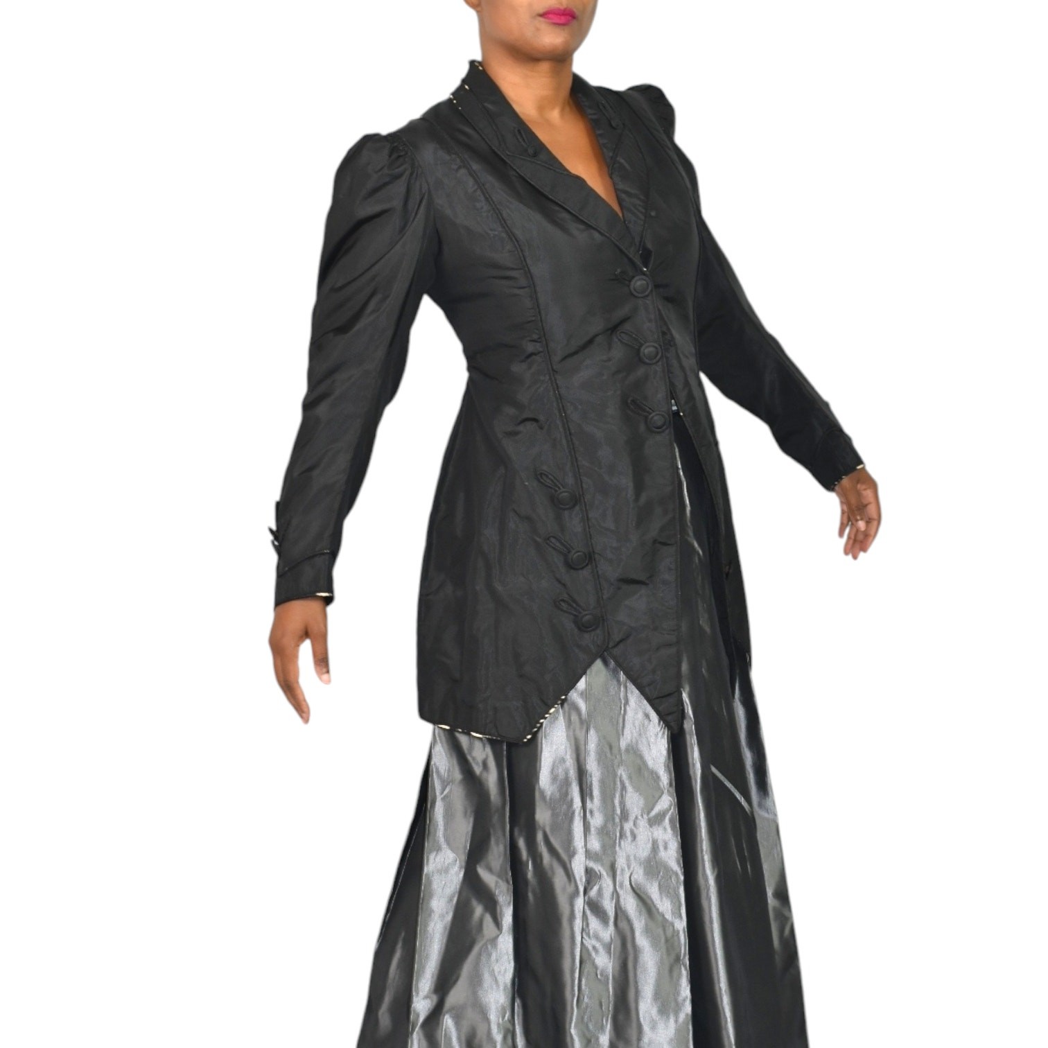Antique Victorian Silk Jacket Coat Small Black Handmade Tailored Custom Vintage