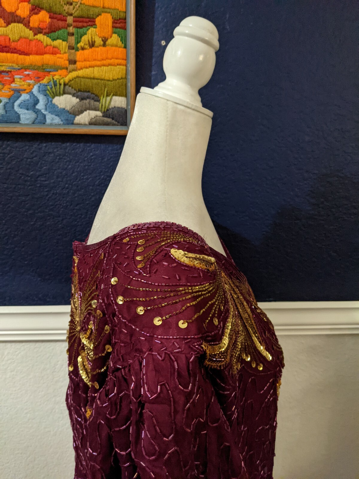 VTG Sweelo Purple Beaded Sequin Zip Back Dress 100% Silk Sz XL Extra Large
