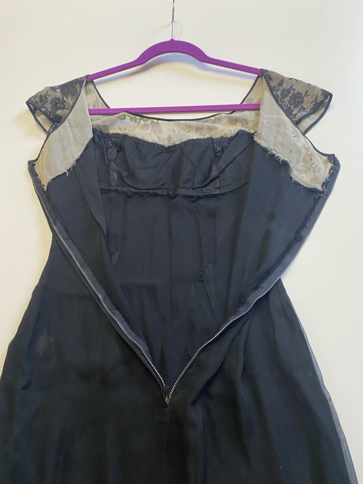 Vintage 50s XS 100% Silk Chiffon Dress Chantilly lace top Black