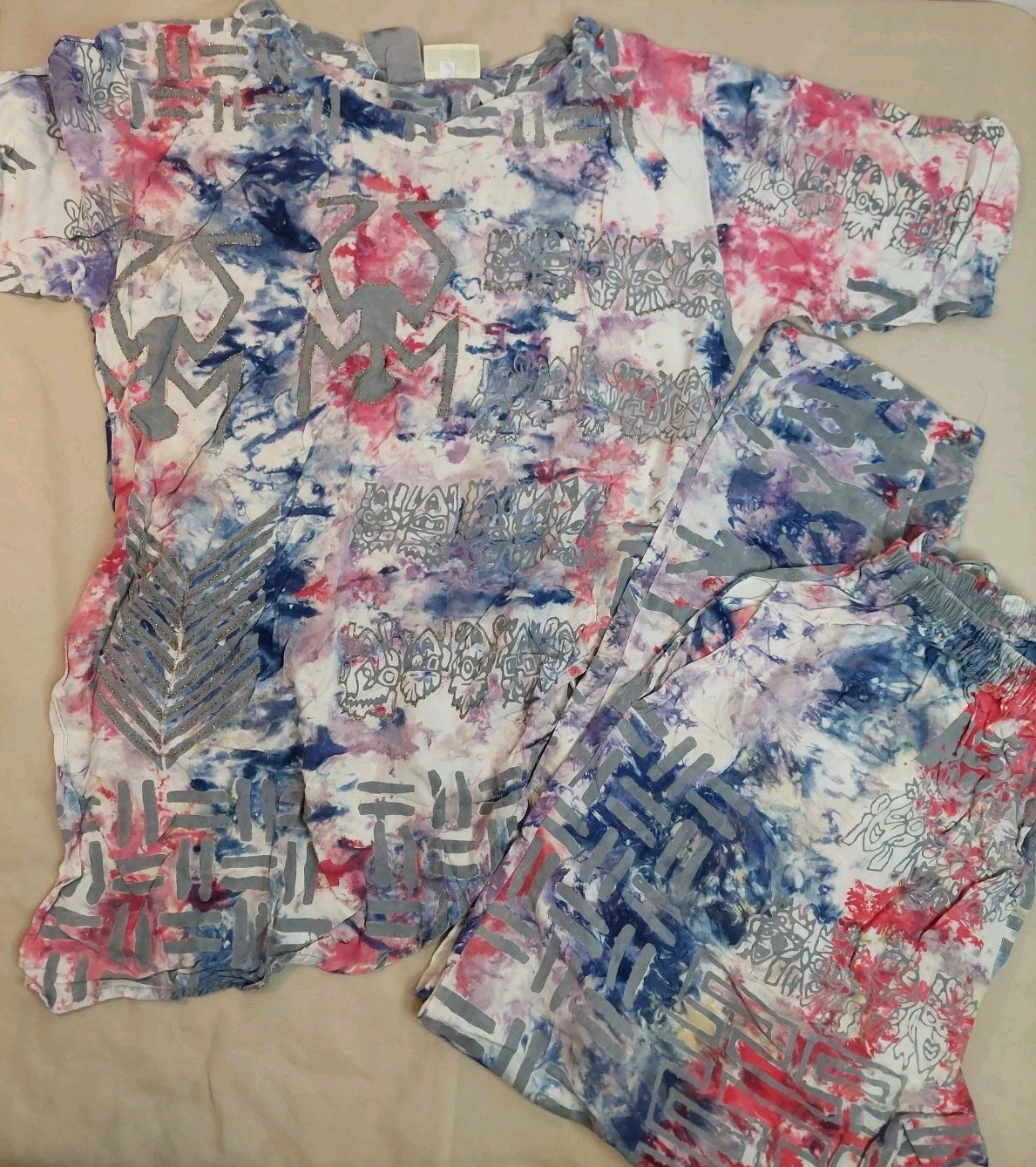 Vintage 2 Pc Rayon Set Womens M Tie Dye Top Pants Boho Festival Bali 90s Hippie