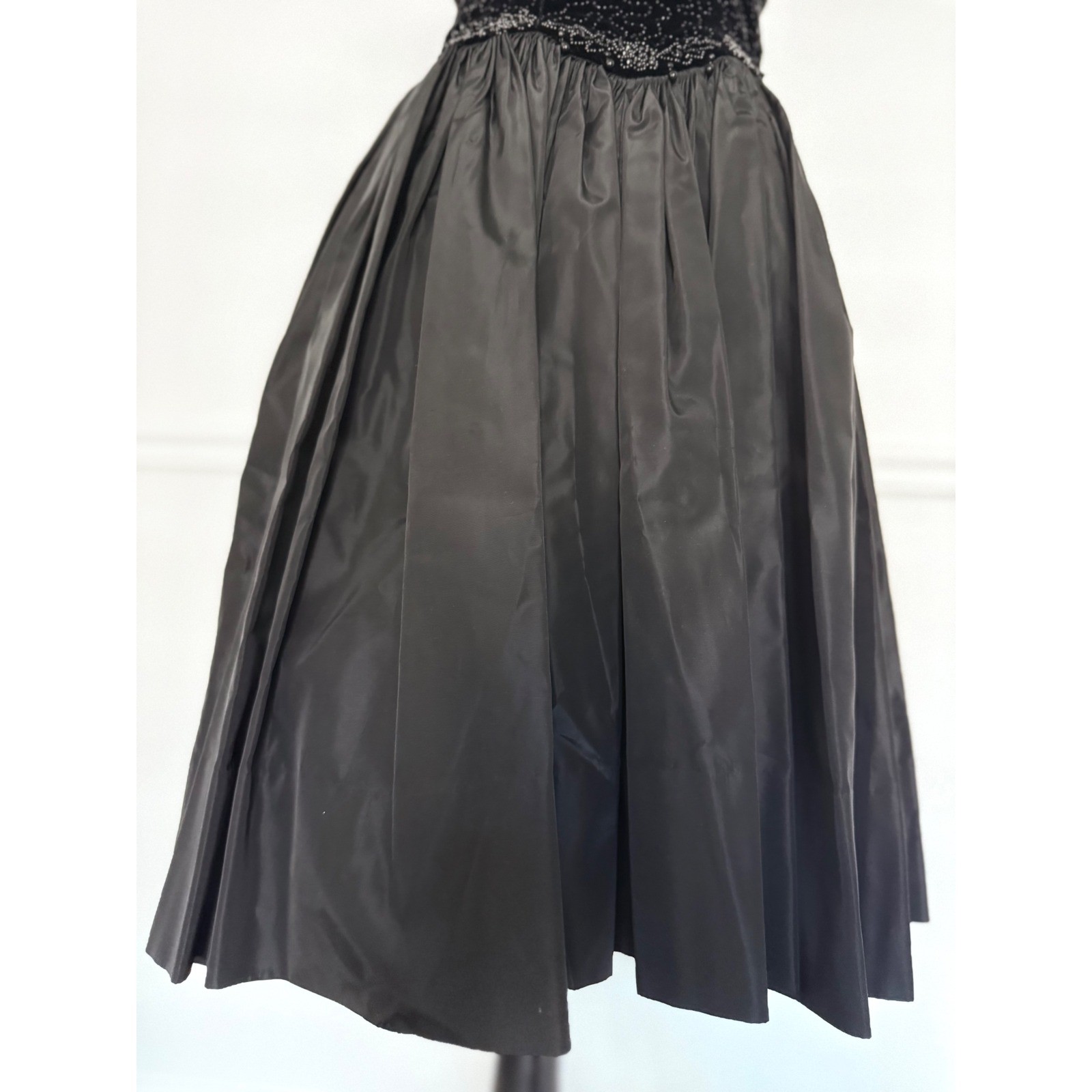 Gothic glam Black Velvet taffeta Midi Dress Whimsigoth Beaded Basque waist XS/S