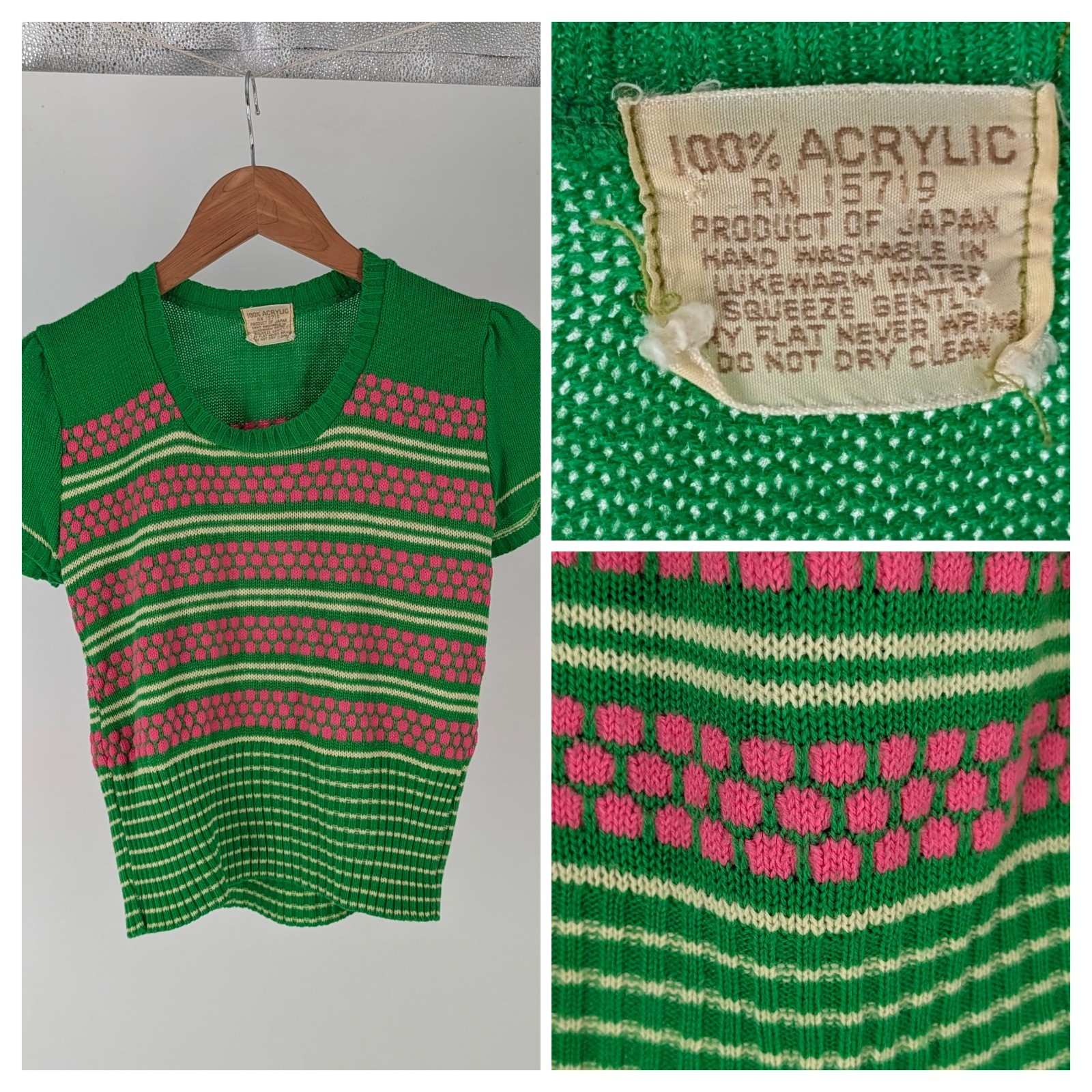 Vintage 1970s Short Sleeve Knit Sweater Green Pink Stripe Geometric Mod Japan