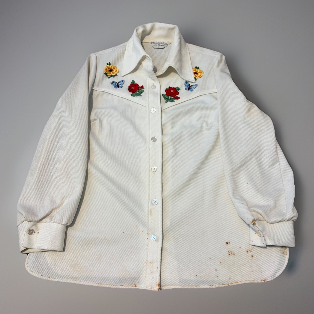 Vintage 70s NPC Fashions Button Up Floral Embroidered White Blouse
