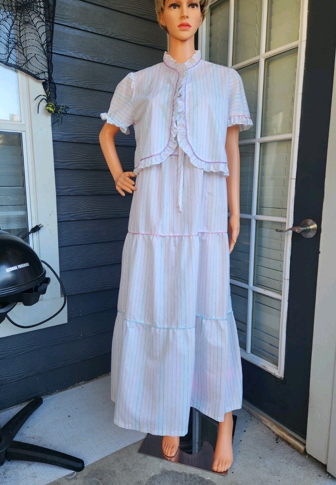 Vtg Brandywine 2-Piece Set Striped Tiered Maxi Prairie Dress & Bolero Jacket M
