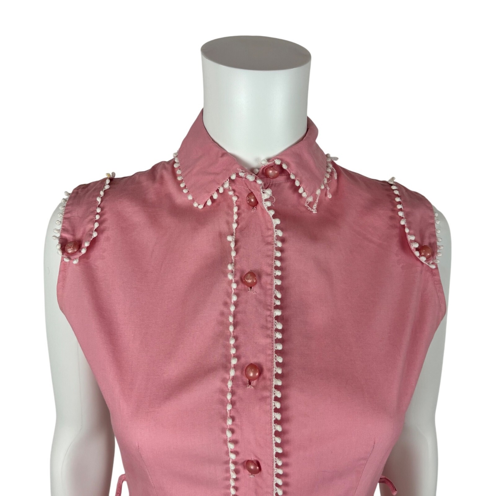 Vintage 50s Pink Shirtdress Women’s Size XXS Cotton Scallop Trim Fit & Flare