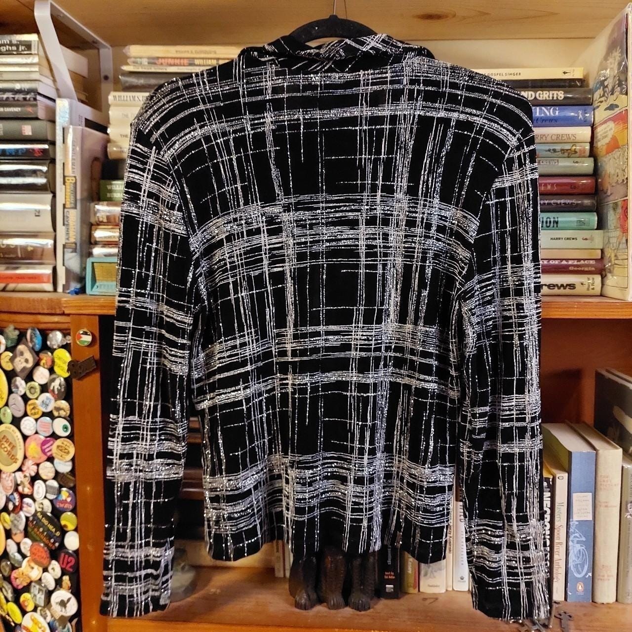 Vintage made in Canada black and silver zip up. It is slightly sheer and stretch