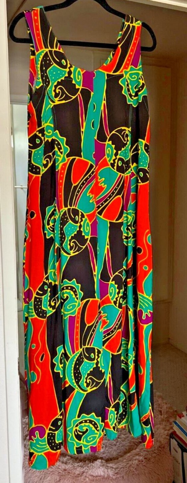 Vintage 90s Psychedelic Maxi Sun Dress Size M Flash Back Unlimited Rayon Boho