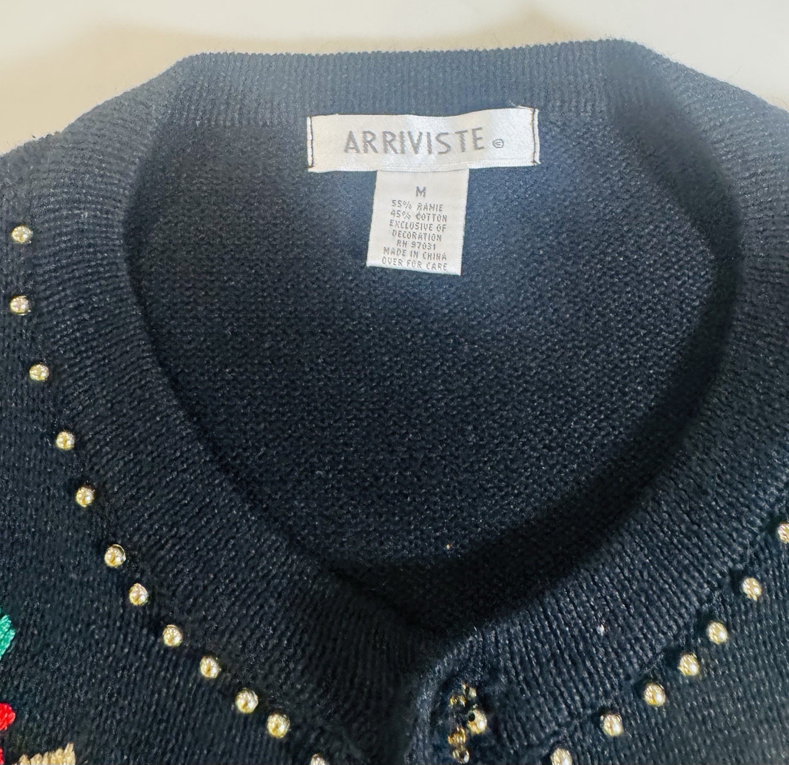 Arriviste Christmas Sweater Women’s M Black Embroidered Ornament Beaded Cardigan
