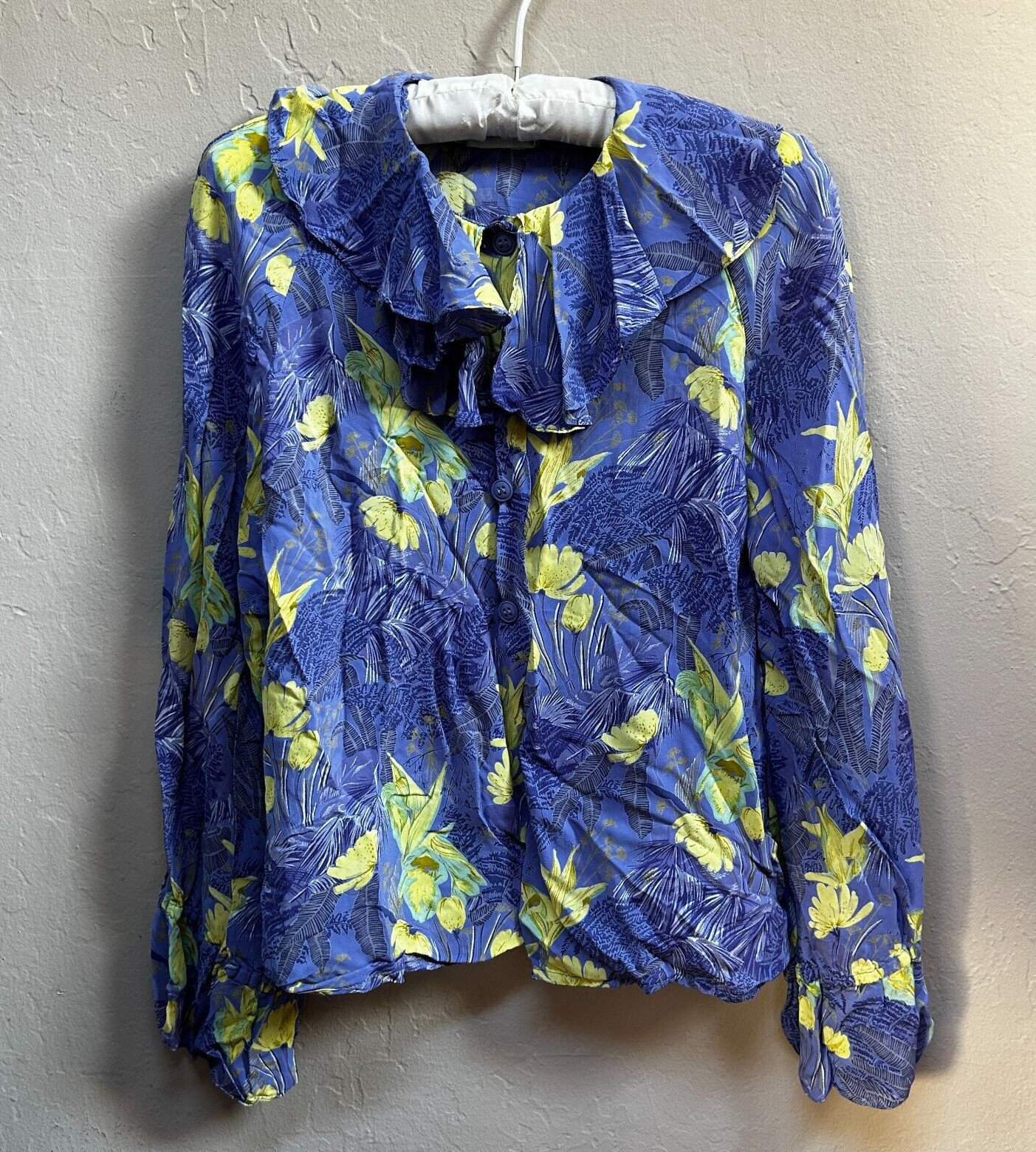 Oscar de la Renta Women’s Blue Yellow Floral Ruffle Collar Blouse Top Size 14