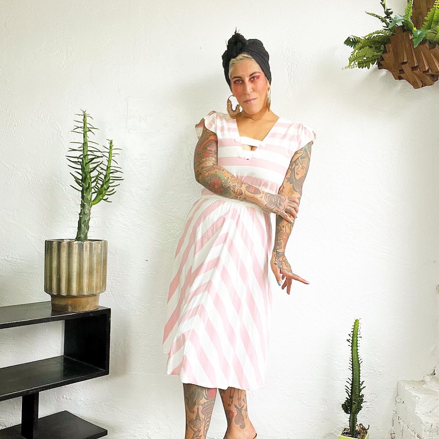 PINK & WHITE 1980’s 80s Vintage Chevron Cotton Striped Sailor Dress Sundress S M