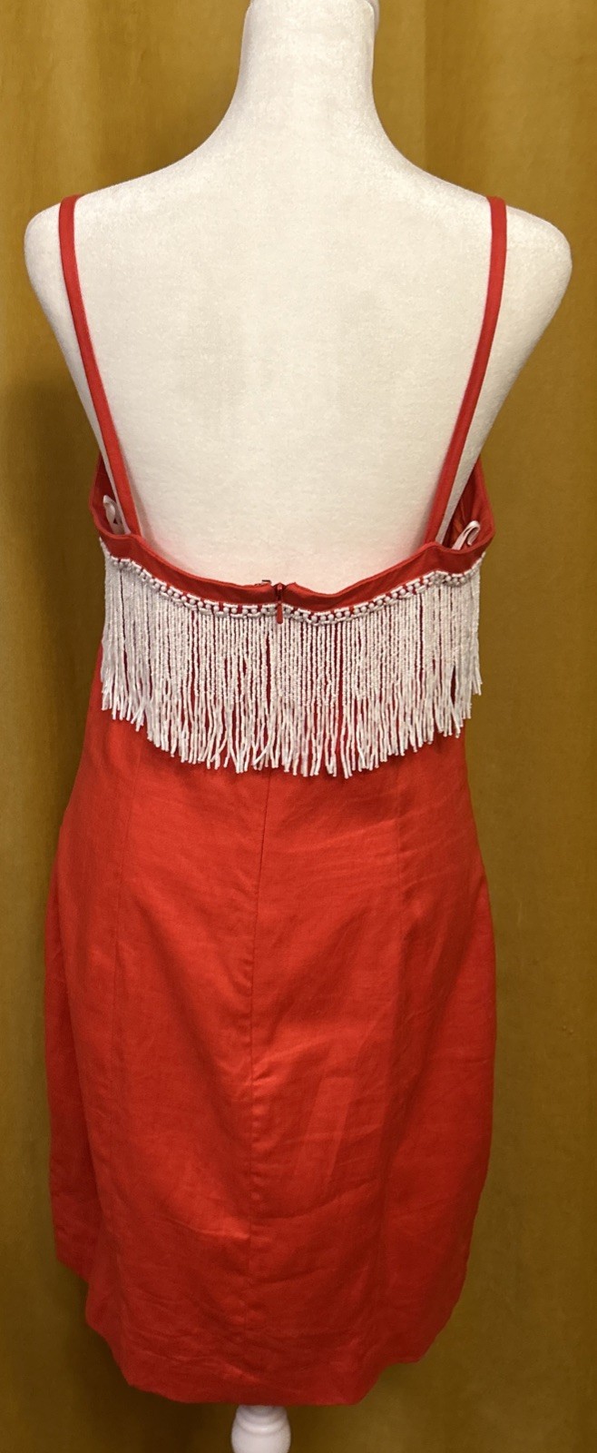 Vintage Pia Rucci Dress Red Linen Short White Beads Fringe Party 10 Medium 6/8