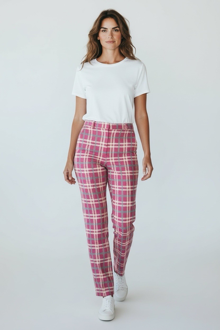 vintage Plaid Wool Pants 1970s Women’s Size S Pink Grey High Waist Lined