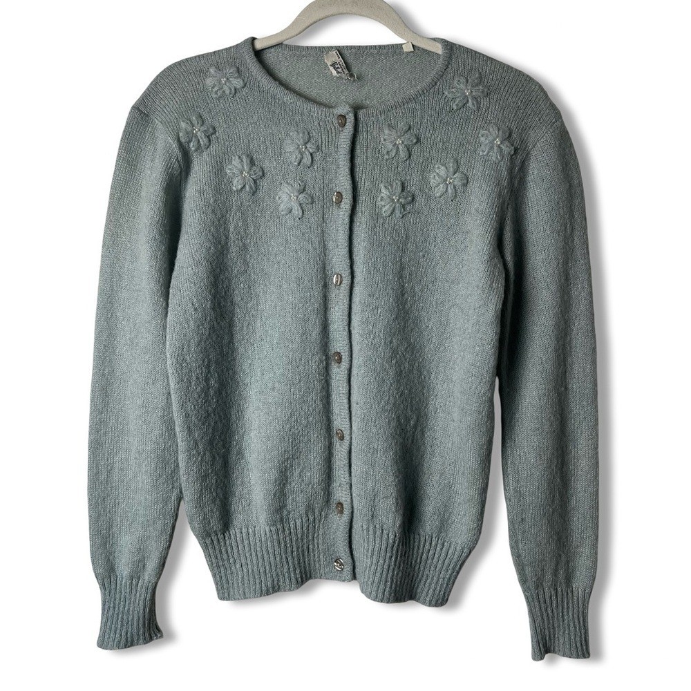 Vintage Bullock’s Italy Mohair Blend Floral Appliqué Pearl Cardigan Sz M