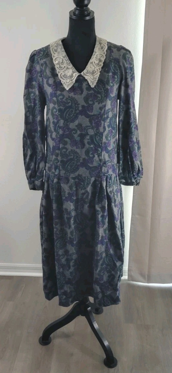 Vintage 80s Laura Ashley 10 Cotton Wool Floral Dress Lace Collar Cottage England
