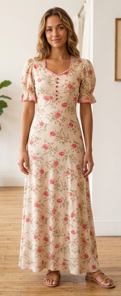 Vintage Maxi Dress Sweetheart Neckline Empire Waist Ditsy Floral Early 70s Sz 7