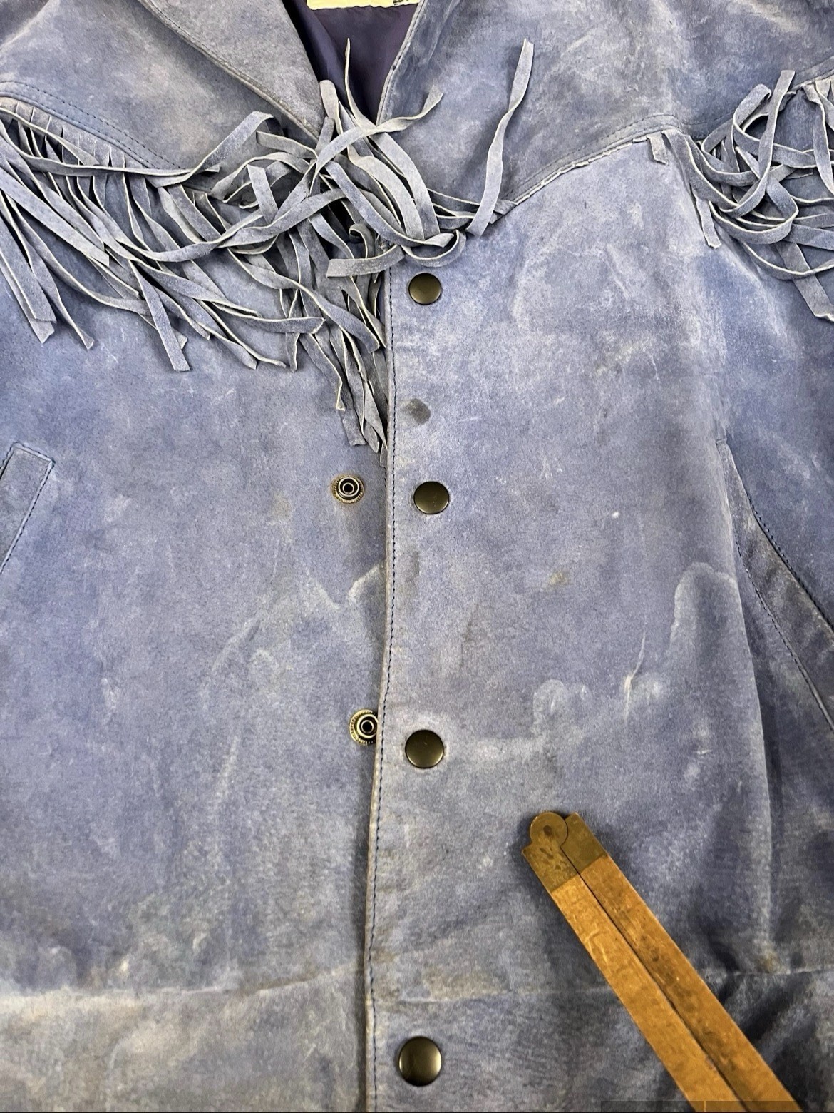 Vintage 1980s 1990s Blue Suede Fringe Jacket Medium