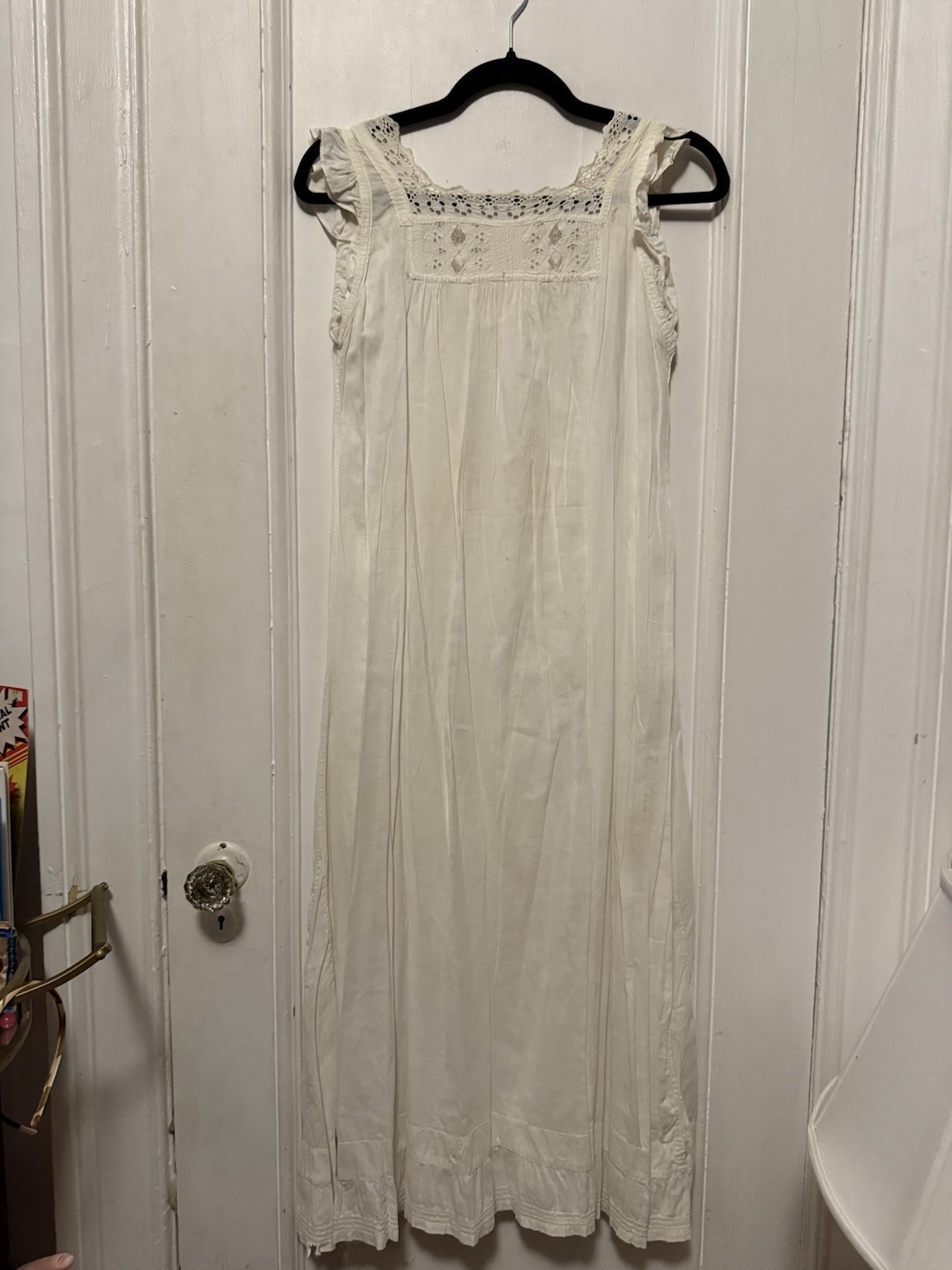 Antique 1910s Edwardian White Cotton Chemise Nightshirt Floral Embroidery Eyelet