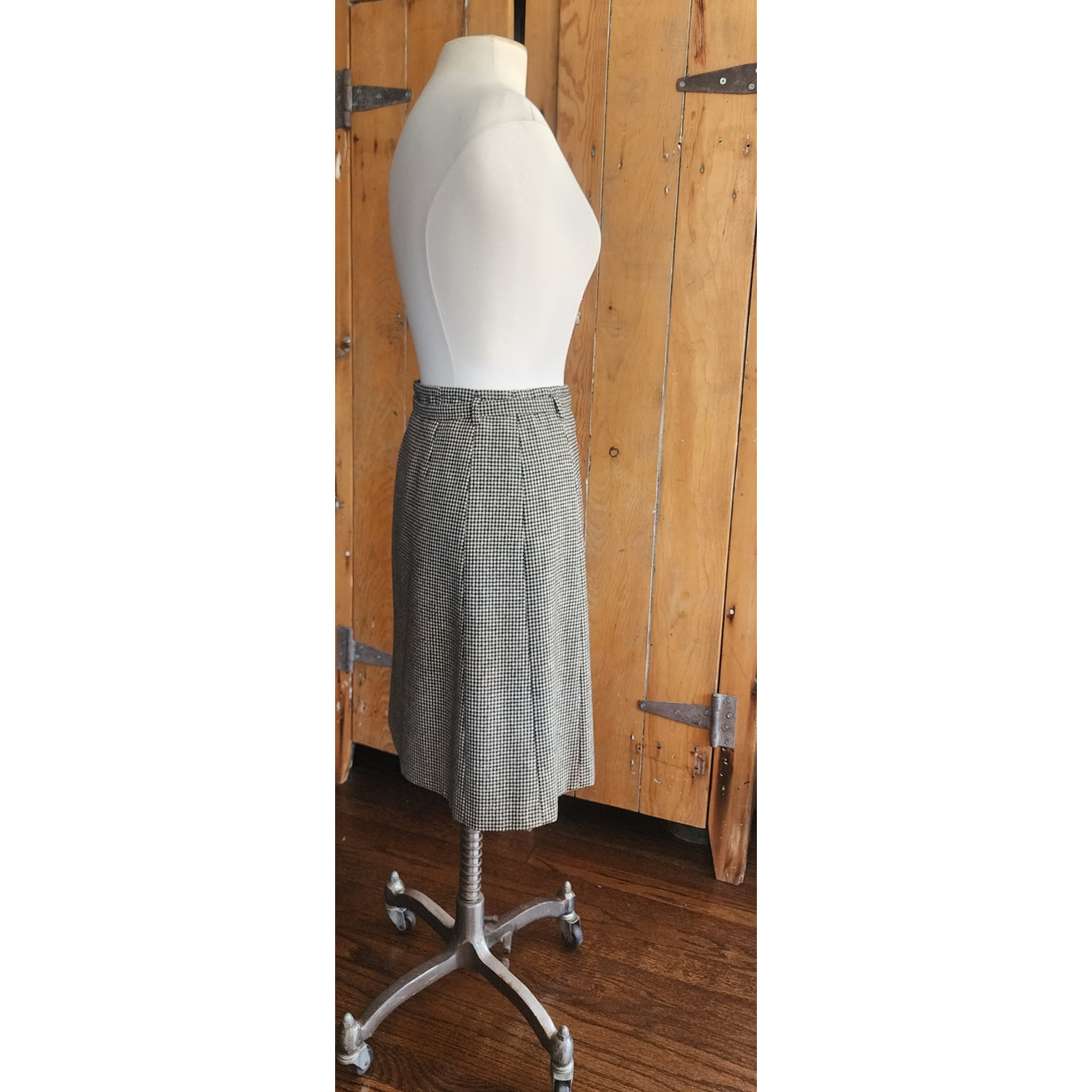 Vintage Dries Van Noten Skirt Gray Houndstooth Wool Knee Length Belt Sash Medium
