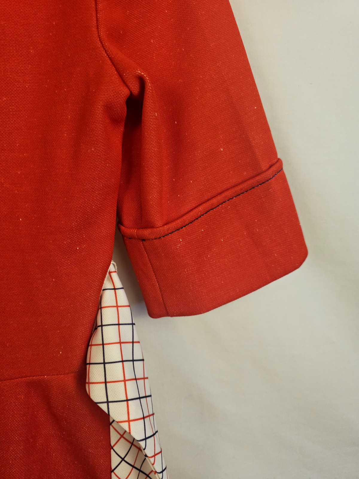 Vintage 1960s Red Polyester Dress With Mandarin Collar Front Circle Pockets 6