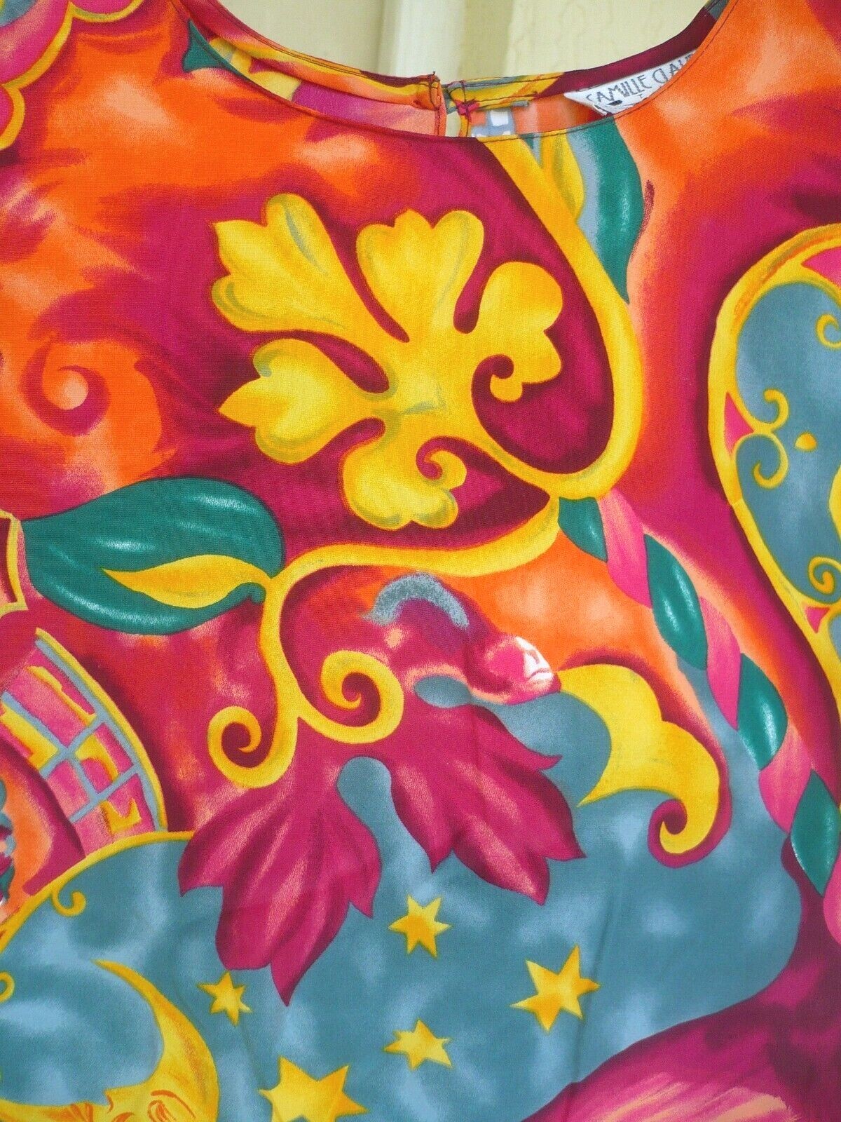 VTG 80 CAMILLE CLAUDEL P M L BRIGHT COLORFUL FLORAL BOXY MOON STARS BLOUSE WOMEN