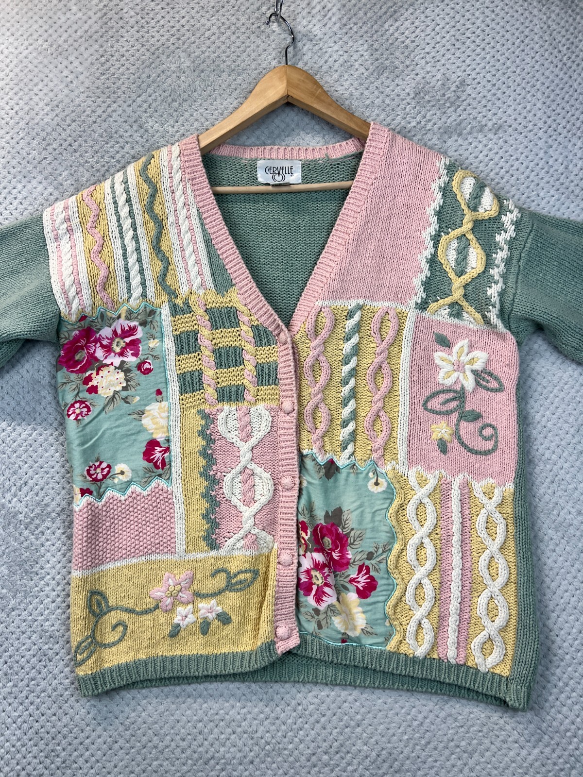 Cervelle Women Patchwork Sweater Cable Knit Large Embroidered Grannycore Vintage
