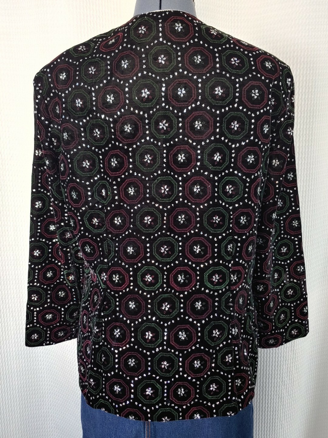 Vintage Ellen Ashley Black Velvet Jacket w Silver Trim & Rhinestones Size 12