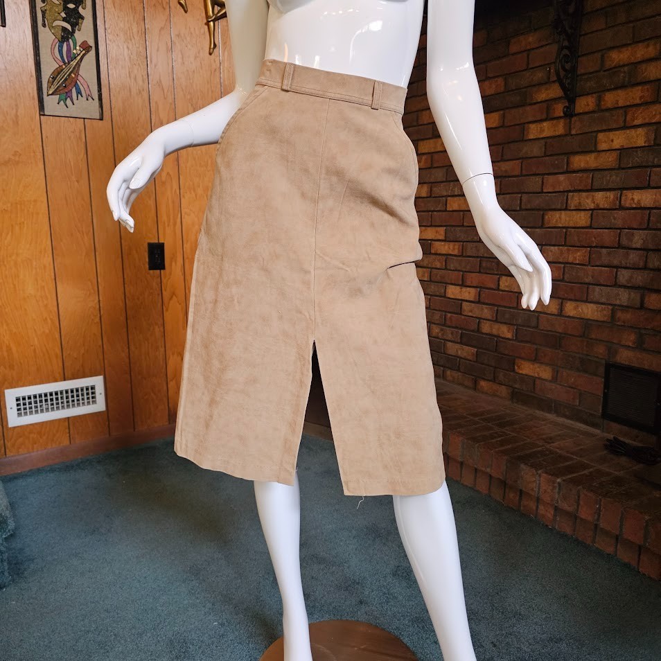 Vtg 70s High Waist Camel Split Front Vegan Suede Leather Boho A-Line Skirt XS/S