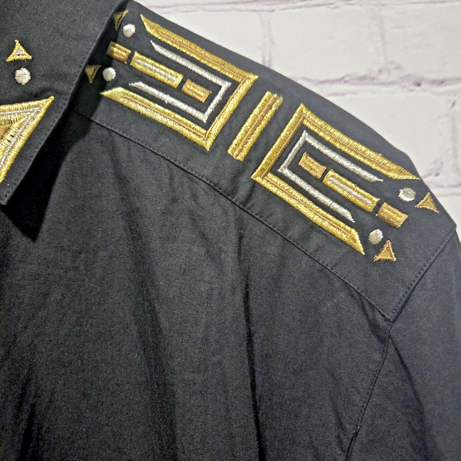 Regina Porter Womens XS Vintage Blouse Black With Metallic Aztec Geometric 80s