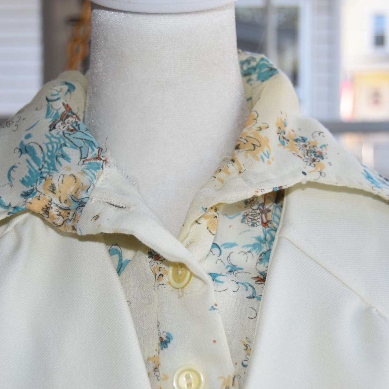 Vintage 70s 2 Pc Blouse Jacket Set Cream Blue Floral Sleeveless Tie Waist S
