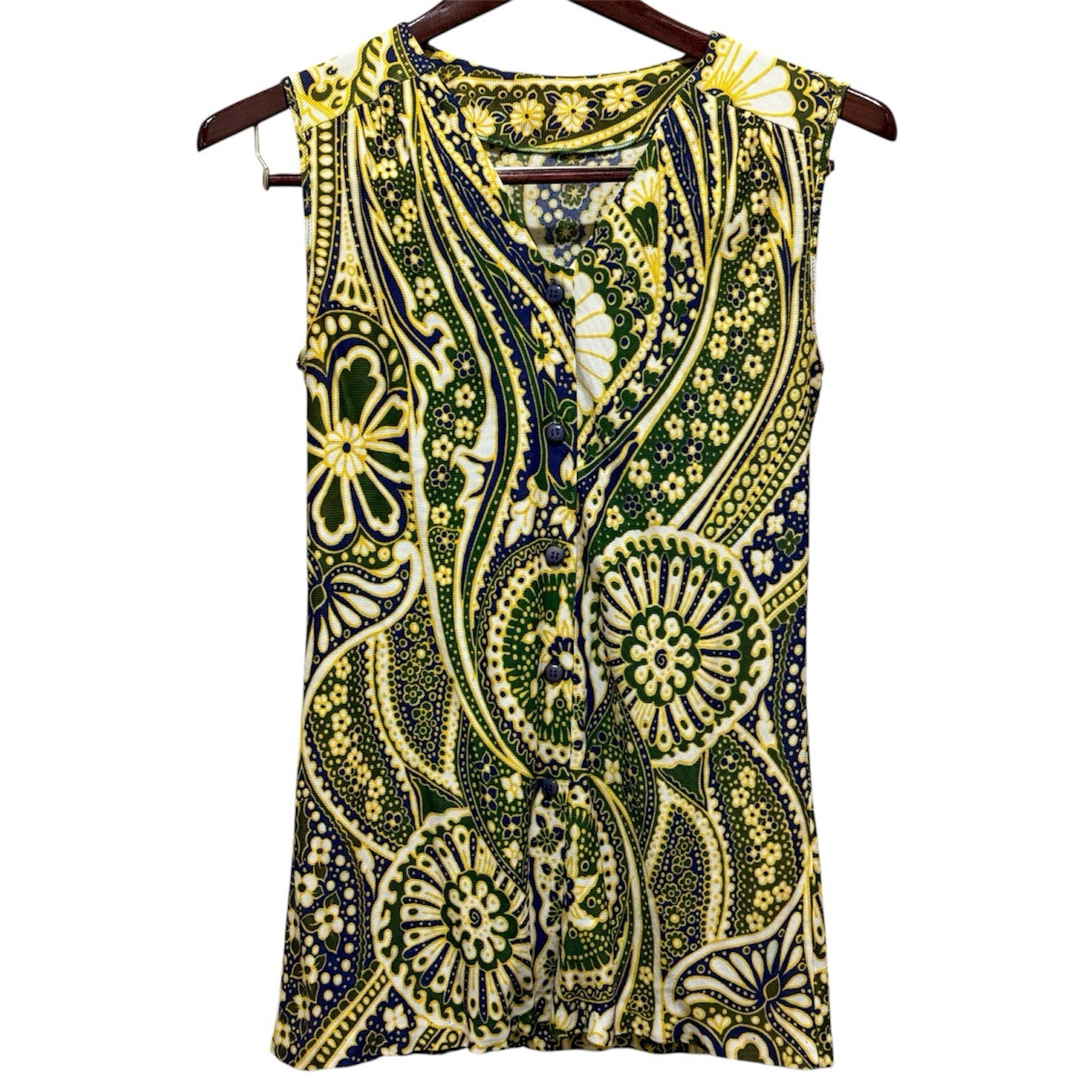 Vintage Dutchmaid Top Womens M Green Yellow Psychedelic Paisley Arnel 70s Mod