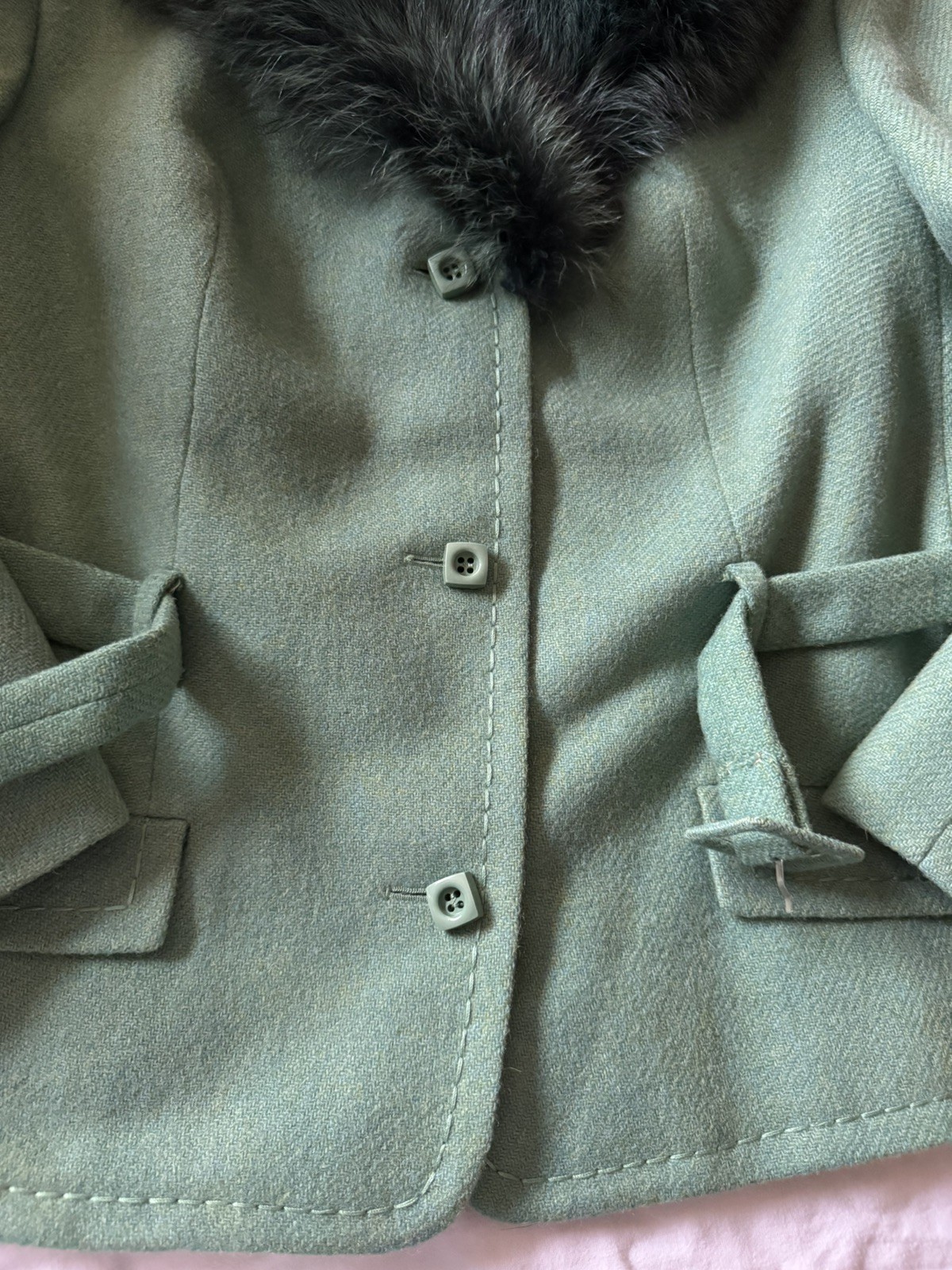 Vintage 1970s Canda Couture Pure Wool Skirt Suit Aqua Fur Collar Belted Sz 10/12