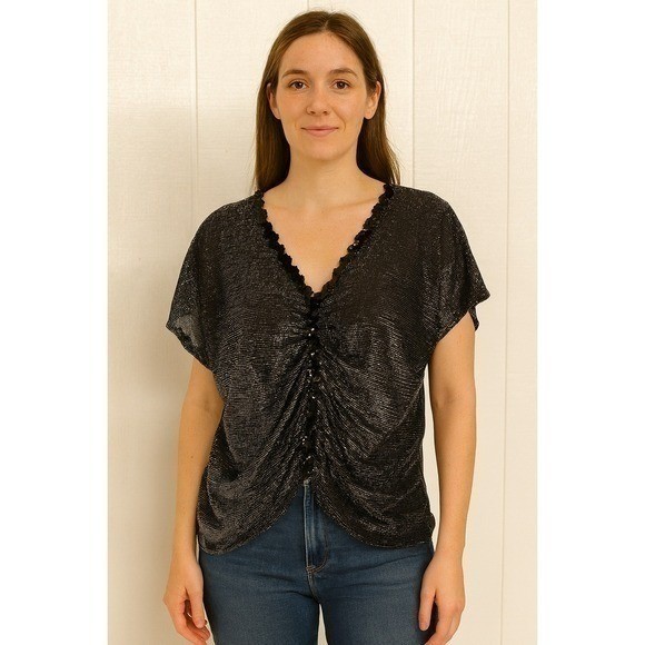 Vintage Disco Glam Sequin Ruched V-Neck Metallic Blouse Black Silver Sz Small
