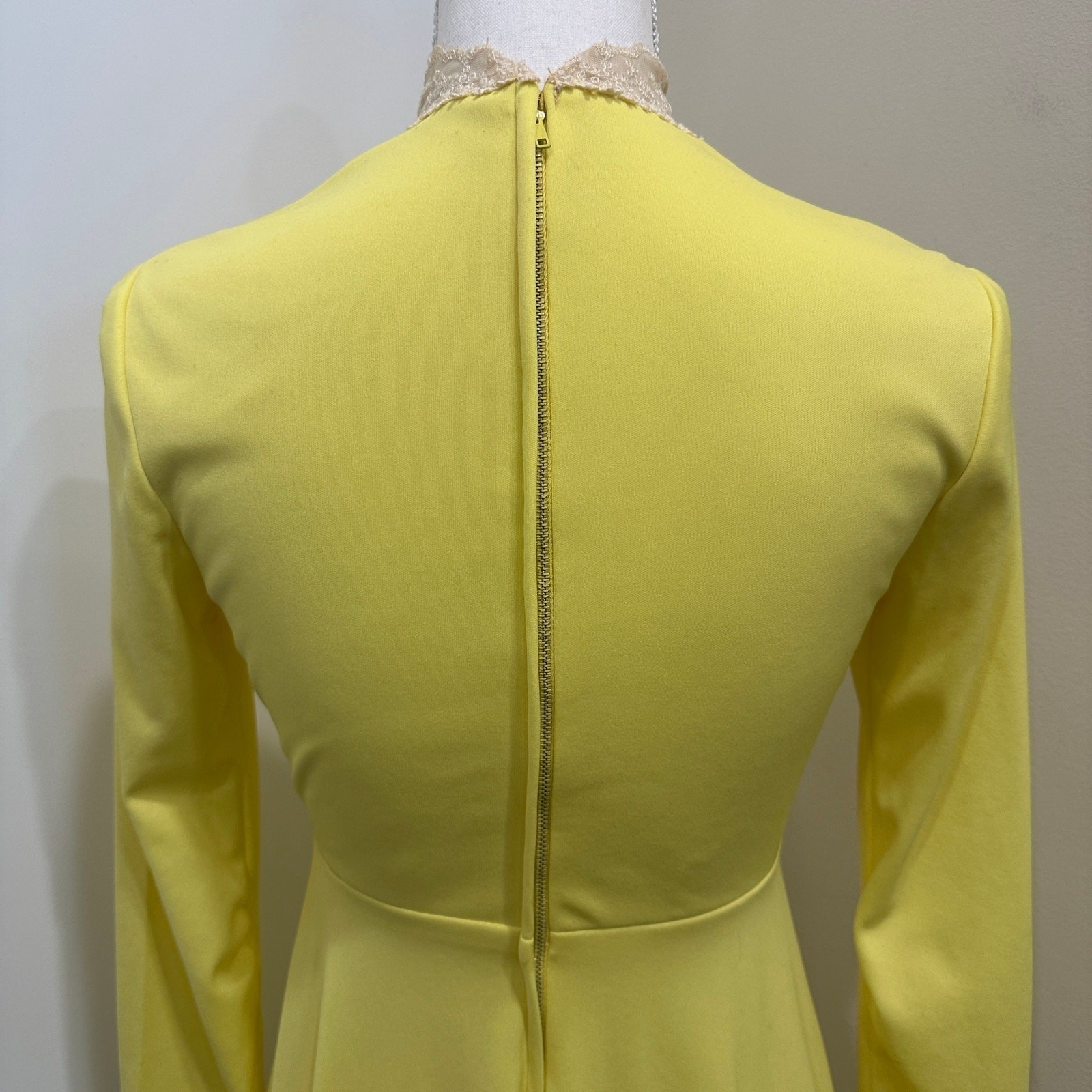 Vintage 1970s Victorian Edwardian Revival Yellow Lace Neck Maxi Dress Costume XS