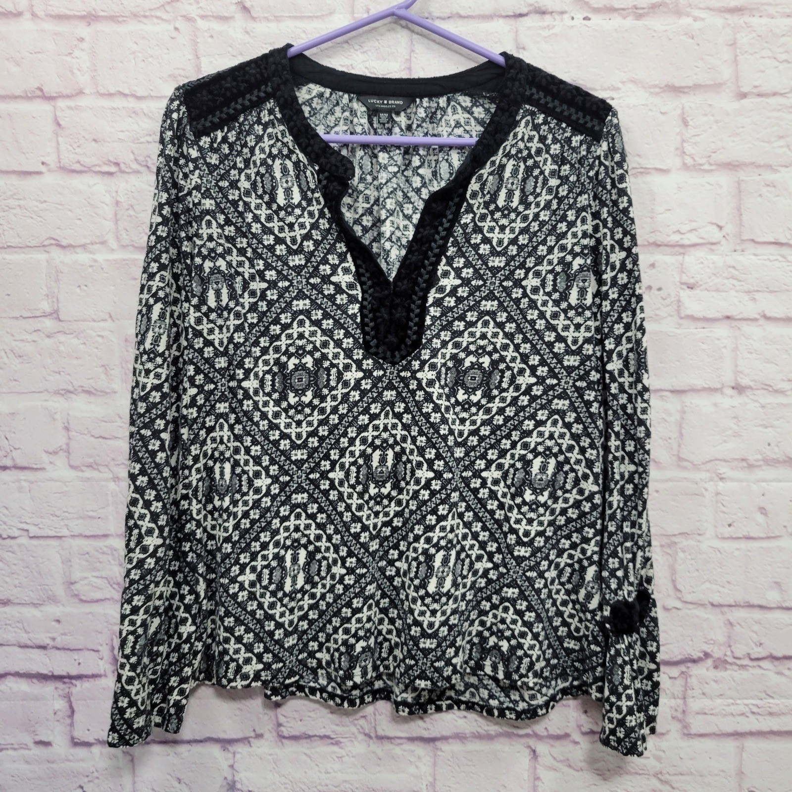 Lucky Brand Boho Geometric Medallion Blouse M Bell Sleeve Hippie Cottagecore