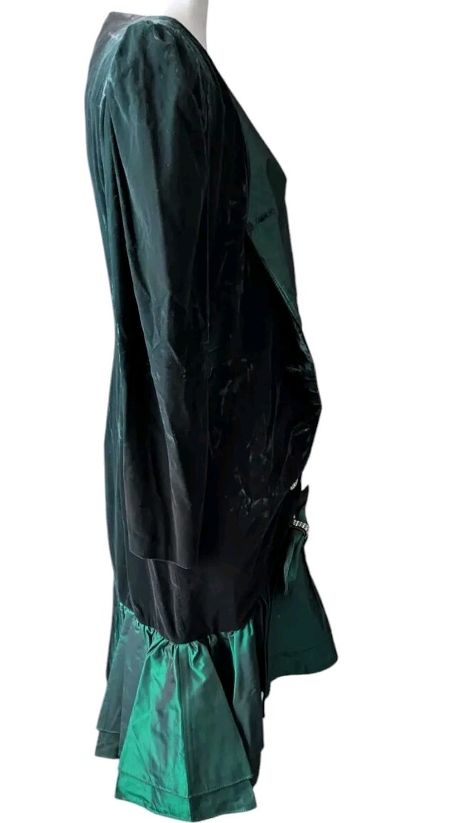 Vtg 80s En Francais Huey Waltzer Emerald Velvet Taffeta Dress Rhinestone Peplum