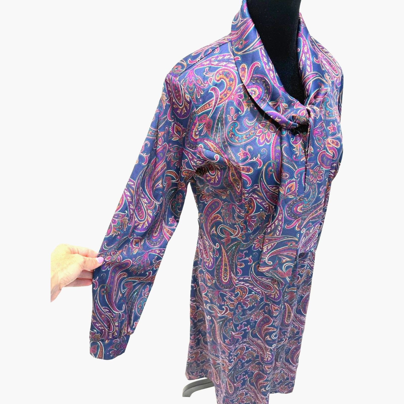 Tribute vintage 70s paisley pussycat bow zip front midi dress