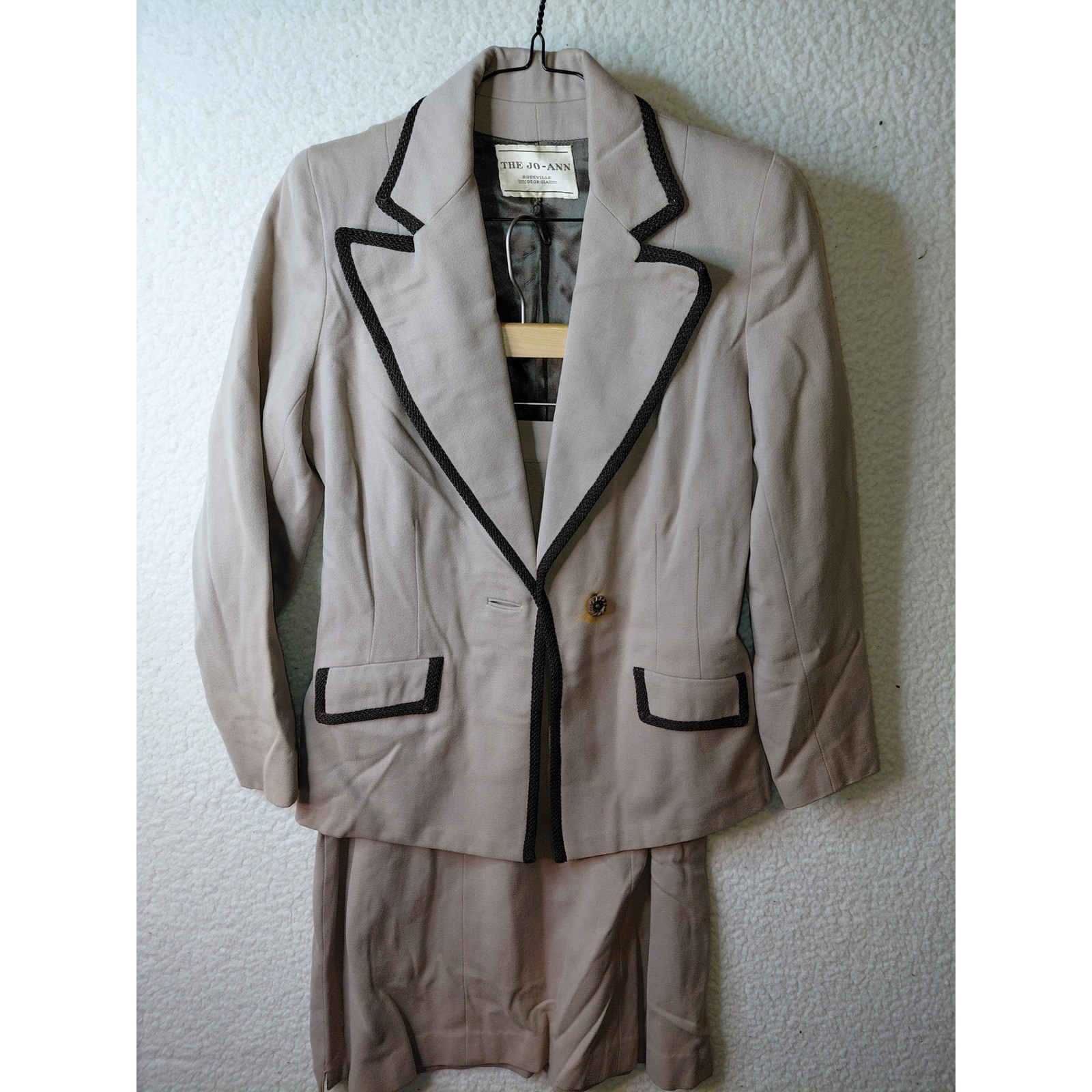 Vintage Jo-Ann Roseville Skirt Suit Set Tan Braided Trim Blazer Midi Skirt Taupe