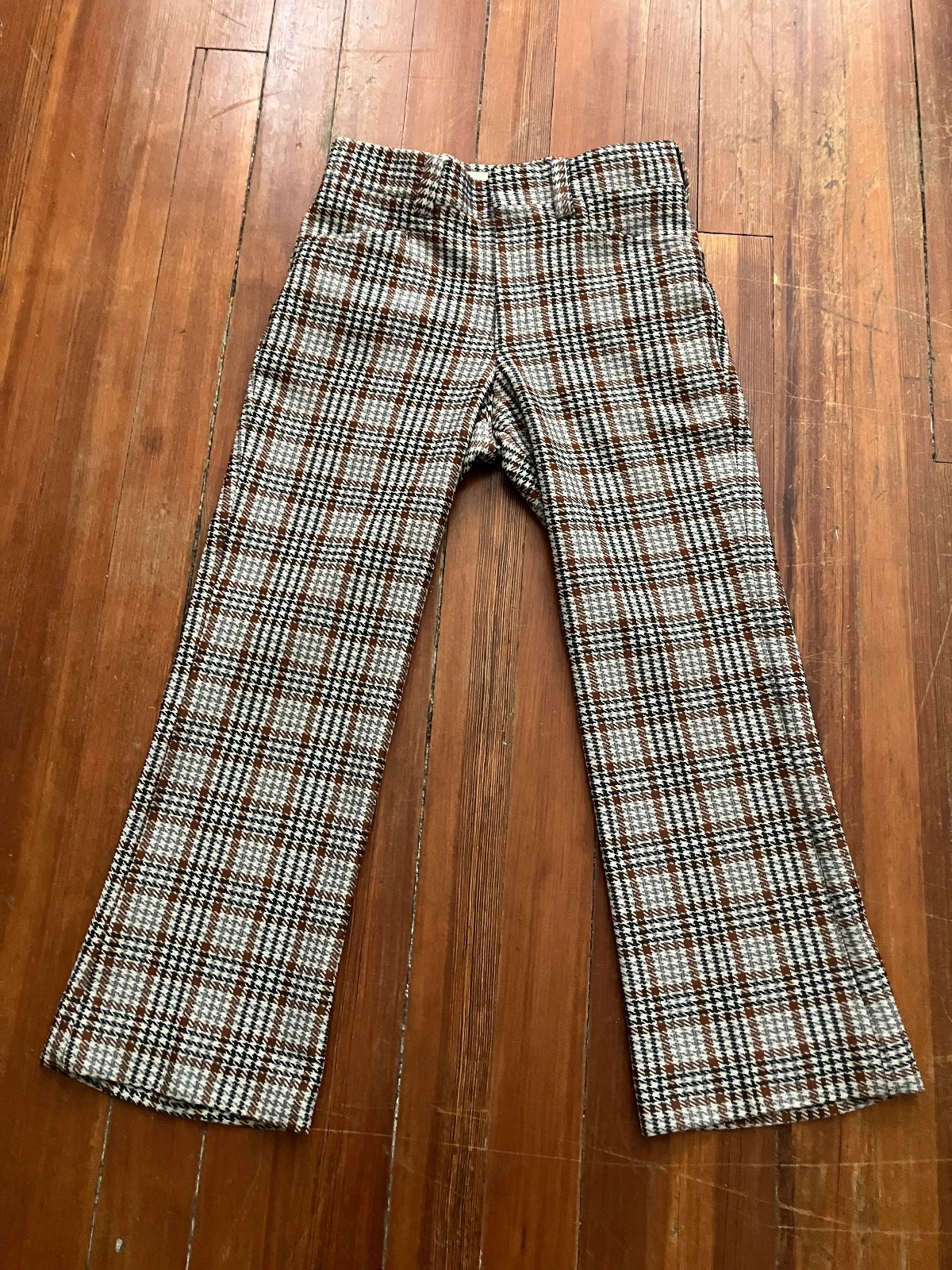 Vintage Broomsticks Glen Oaks Plaid Flare Pants 32×27 Petite Brown Mod 70s