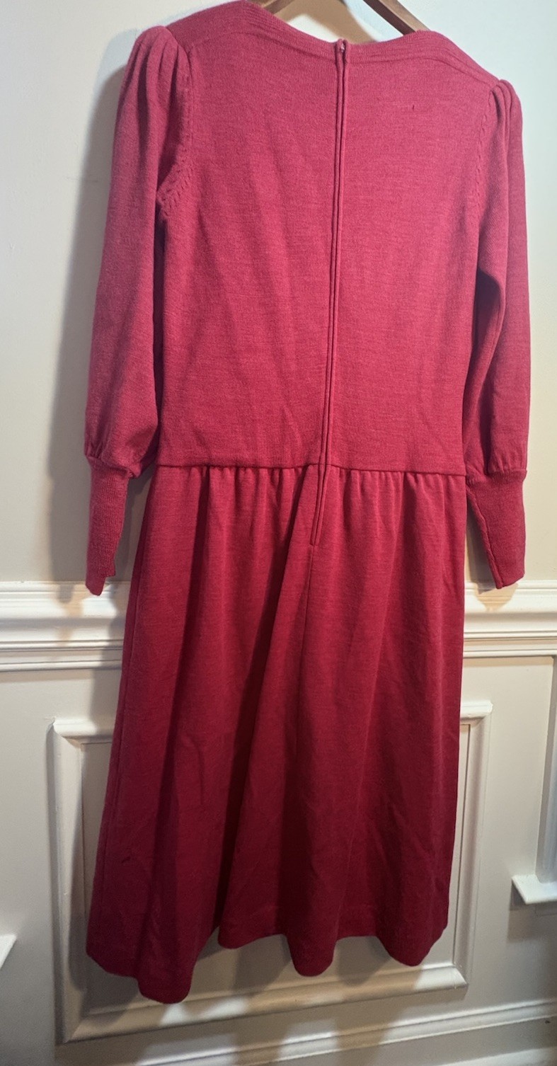 Vintage Ciao Ltd 100% Pure Wool Sweater Dress Pink Red Lined Puff Sleeve 80s