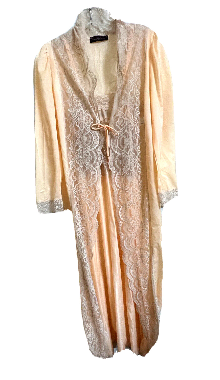 Sheer Madness Peach Satin Lacy Long Nightgown Matching Robe Set P / Petite VTG